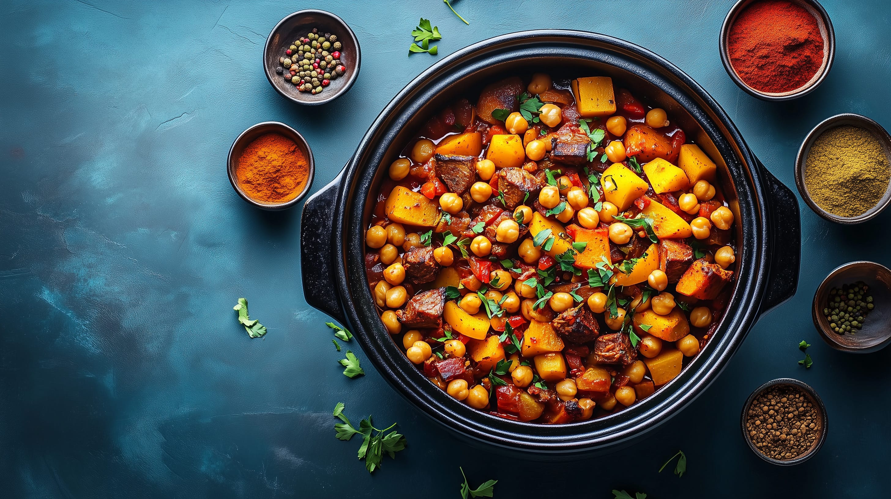 Lamb and vegetable tagine with chickpeas and spices in black pot