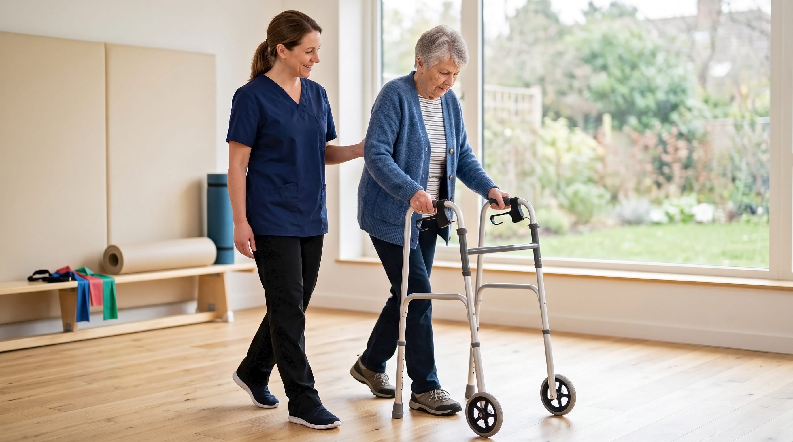 Senior woman walking with metal walker assisted by female caregiver in scrubs. Assisted living and mobility rehabilitation concept