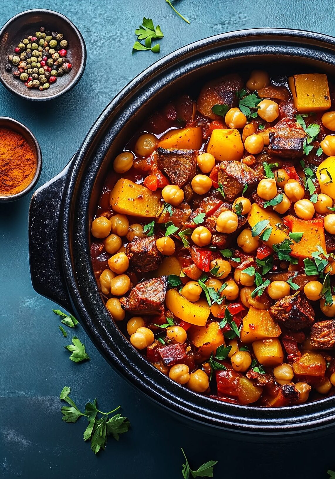 Lamb and vegetable tagine with chickpeas and spices in black pot