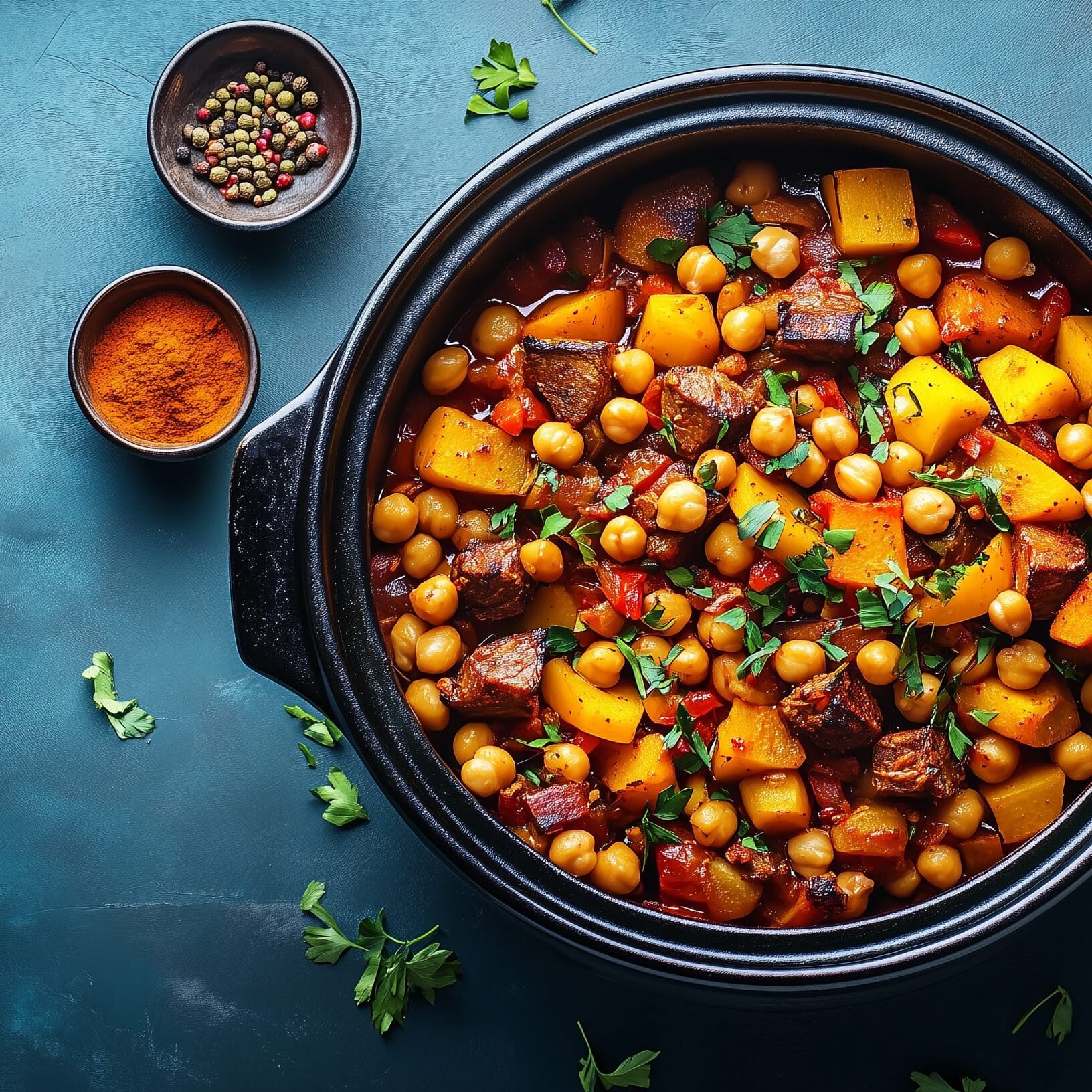 Lamb and vegetable tagine with chickpeas and spices in black pot